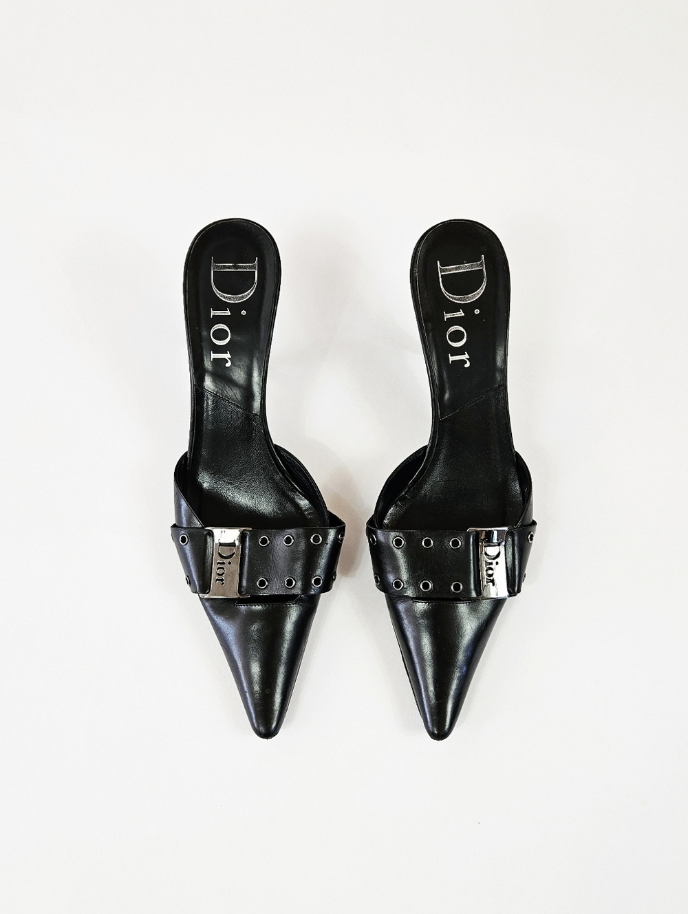 Y2k Dior Heels by John Galliano Pointed Toe Black Leather Mules - Size 38 - Picture 2 of 11